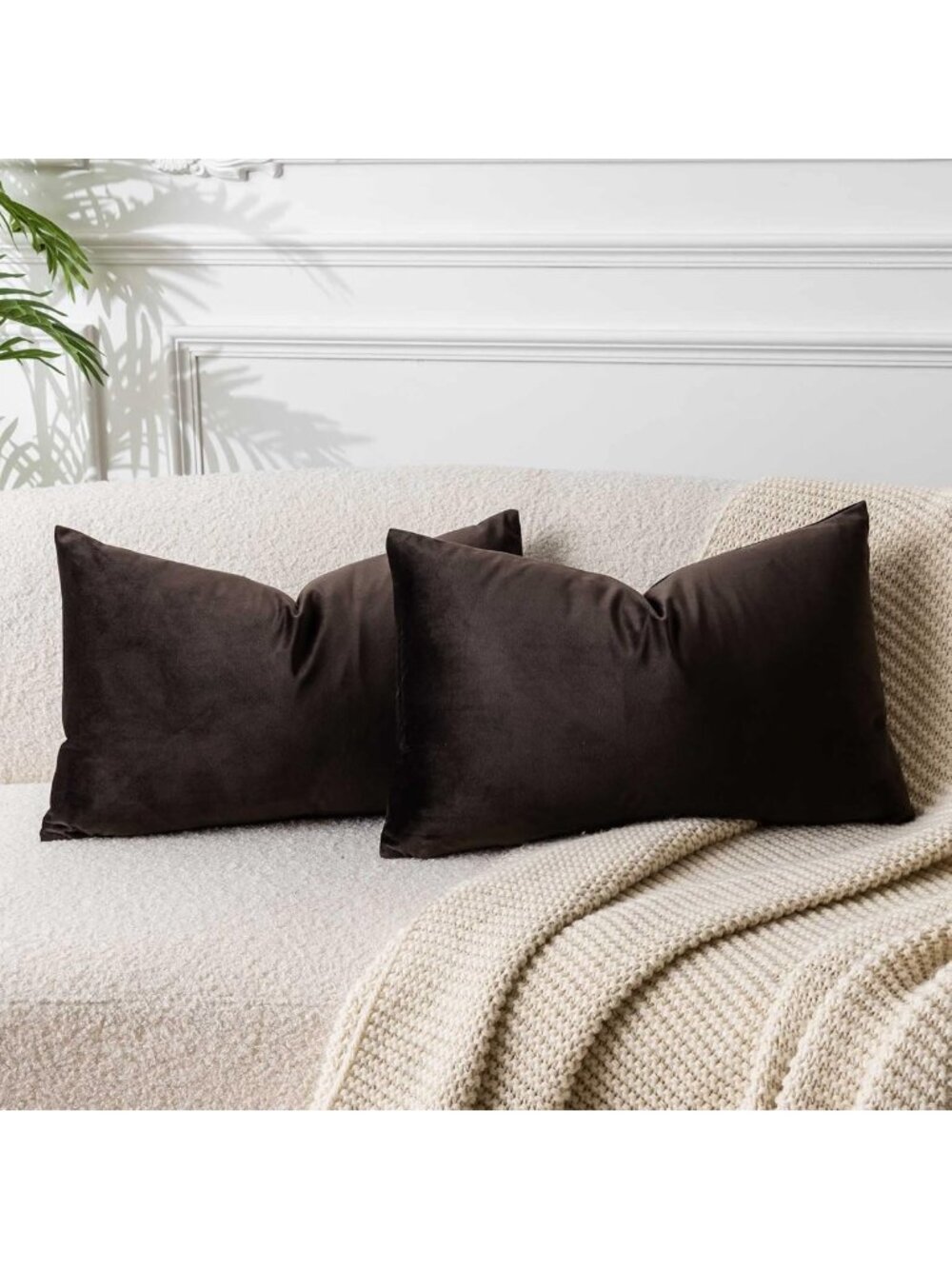 Set of 2 Velvet Lumbar Throw Pillow Covers 16x24 - Stylish Coffee Color